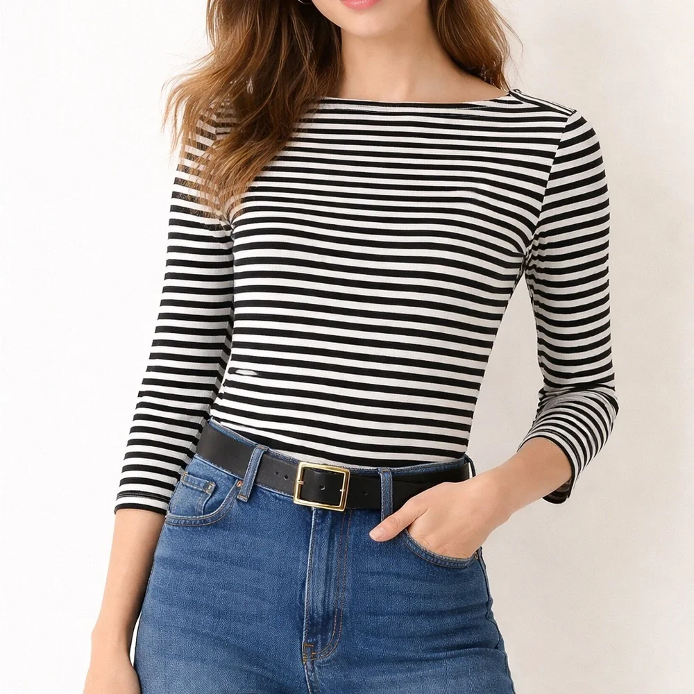 KATE SPADE Broome Street Breton Stripe Boatneck Top Black White Sz XS Cotton